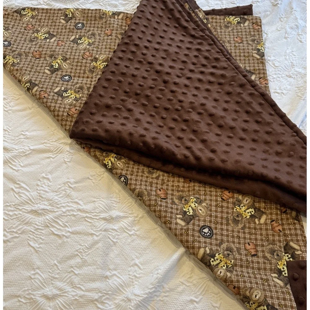 Vintage‎ Patchwork Quilt Table Topper, Four Patch Squares Bears Brown 2 Blankets